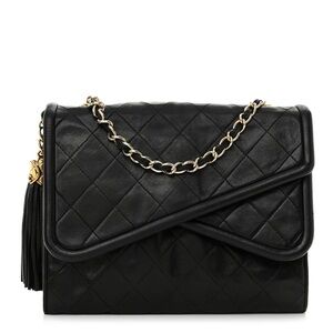 Authentic CHANEL black lambskin vintage tassel 24k gold crossbody bag